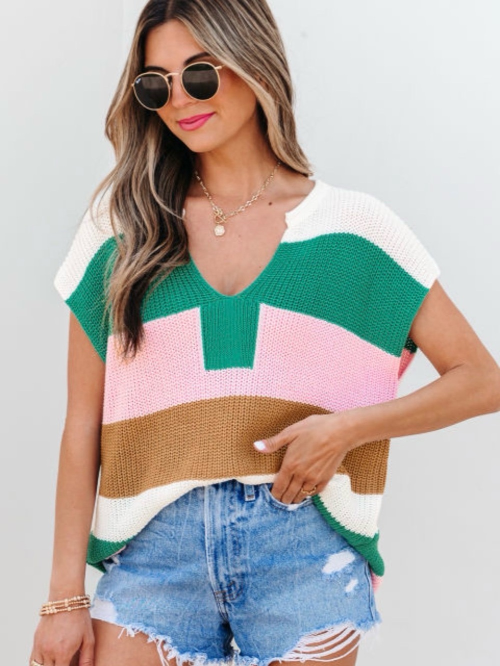 Knit Colorblock V-Neck Sleeveless Sweater Vest - Pink/Green/White